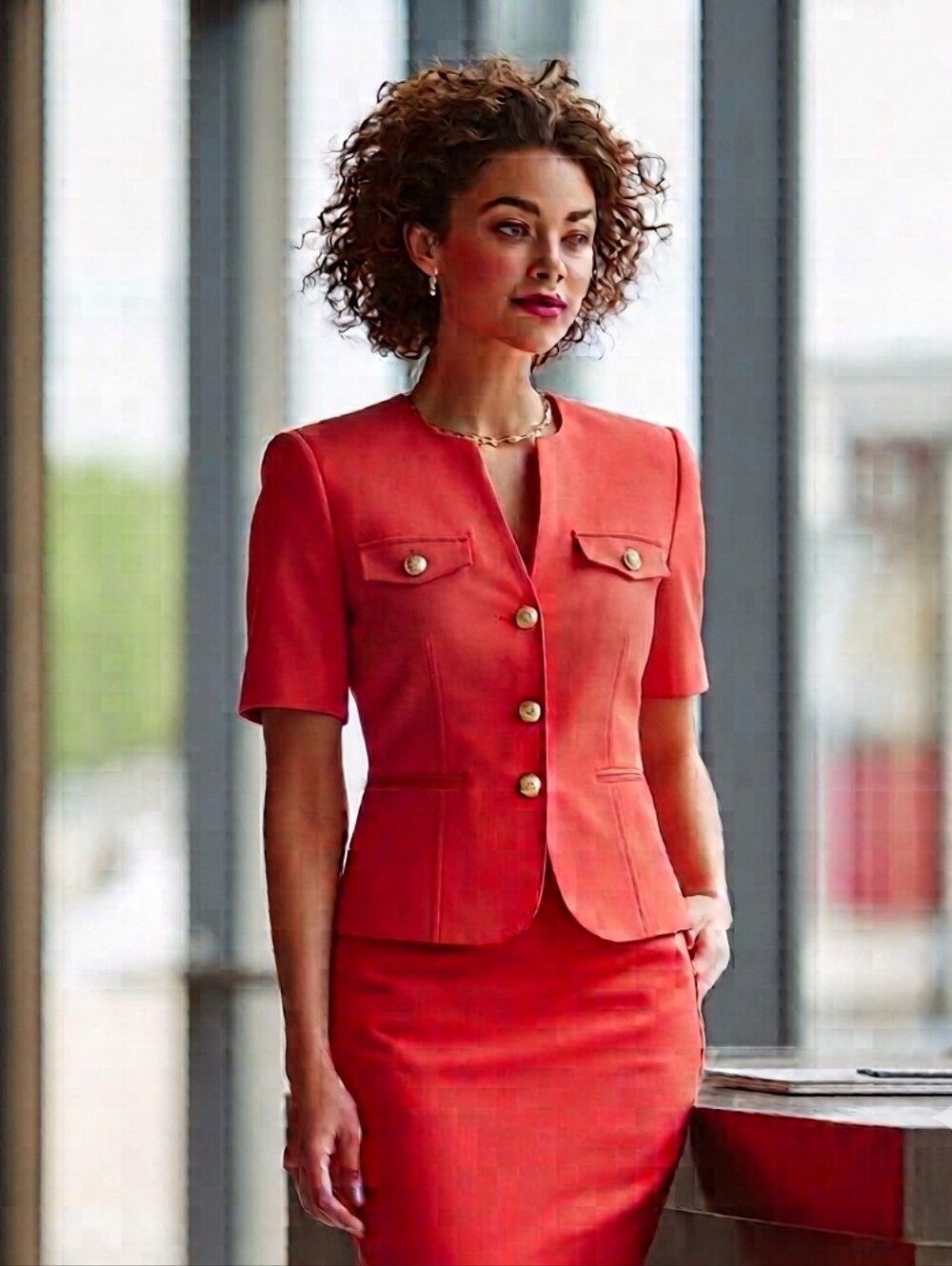 Kasper Coral-Red Short Sleeve Tailored Blazer And Skirt Set